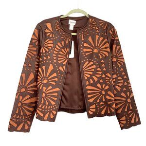 NWT CHICO’s Women’s Brown Leather Jacket Suede Laser Cut Out Open Front Size S